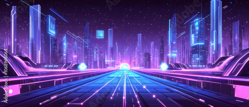 Futuristic city skyline with neon lights and a glowing road.