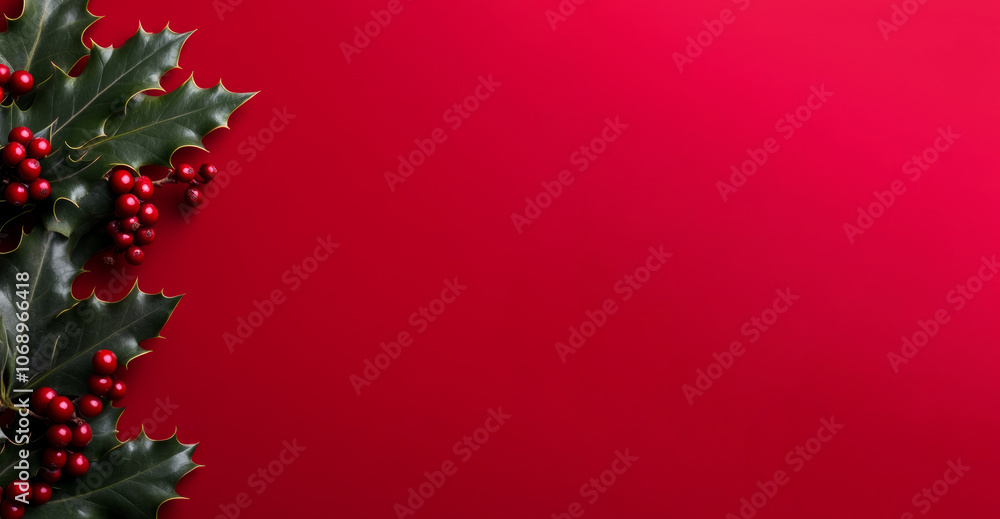 Festive holly leaves and berries arranged on a vibrant red background for holiday decorations, banner Festive holly leaves and berries arranged on a vibrant red background for holiday decorations, banner