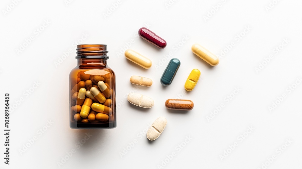 Assorted capsules and tablets scattered beside a brown glass pill bottle on a white background, showcasing various dietary supplements and medications. Assorted capsules and tablets scattered beside a brown glass pill bottle on a white background, showcasing various dietary supplements and medications.