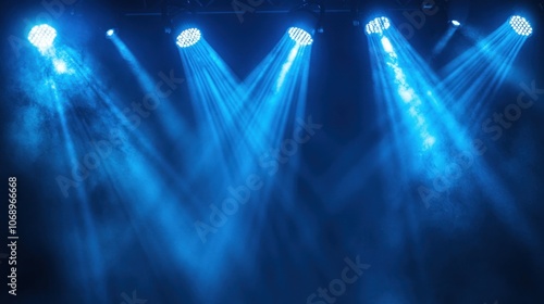 Dramatic blue stage lighting illuminating a dark space with beams and smoke effects.