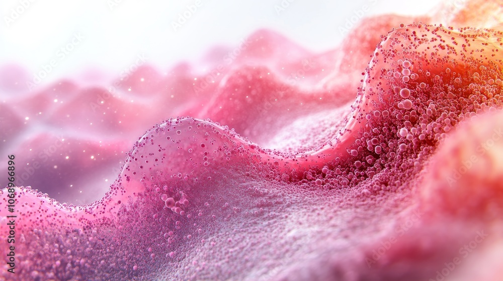 Obraz premium Pink textured wave-like landscape with tiny bubbles, abstract skincare and science concept