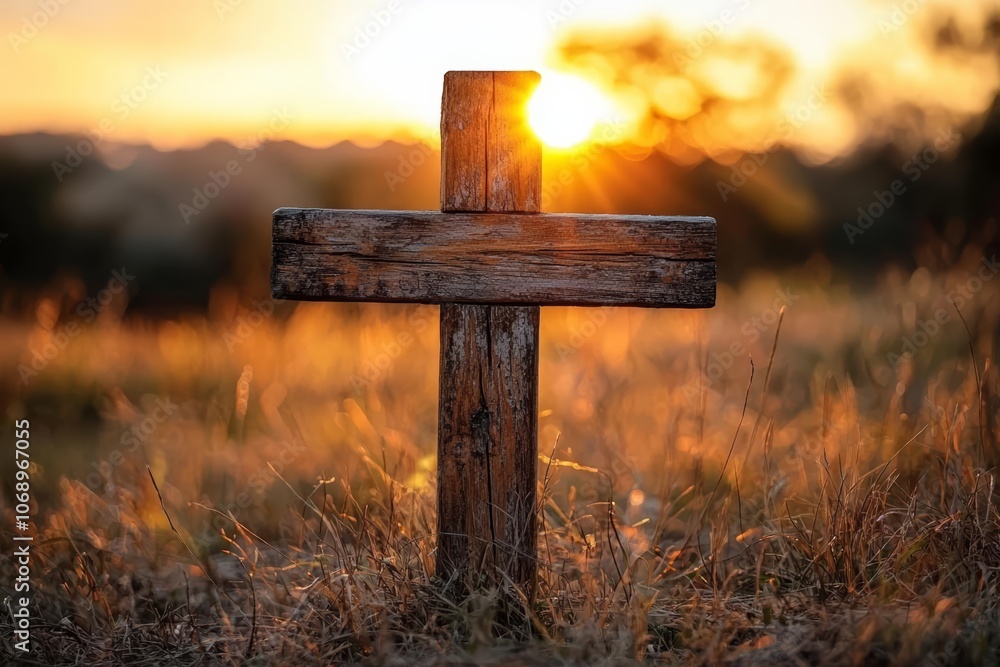 Naklejka premium Closeup shot of a wooden cross with the sun in the blurred background , isolated on white background, , copy space for text,