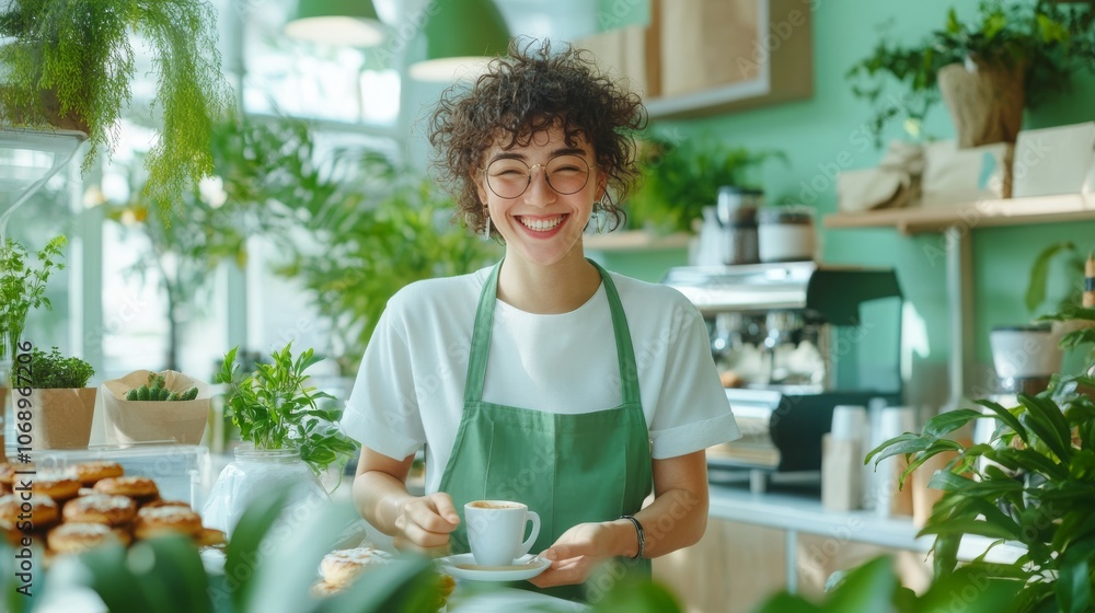 Smiling female barista holding a cup of coffee in green-themed cafe with fresh plants, welcoming environment Smiling female barista holding a cup of coffee in green-themed cafe with fresh plants, welcoming environment