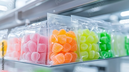 Freeze-dried gummy candy in resealable bags displayed on shelf for retail or promotional food innovation imagery photo