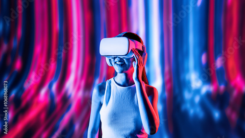 Smart female standing surrounded by neon light wearing VR headset connecting metaverse, future cyberspace community technology. Elegant woman looking faraway and smiling satisfactorily. Hallucination. photo