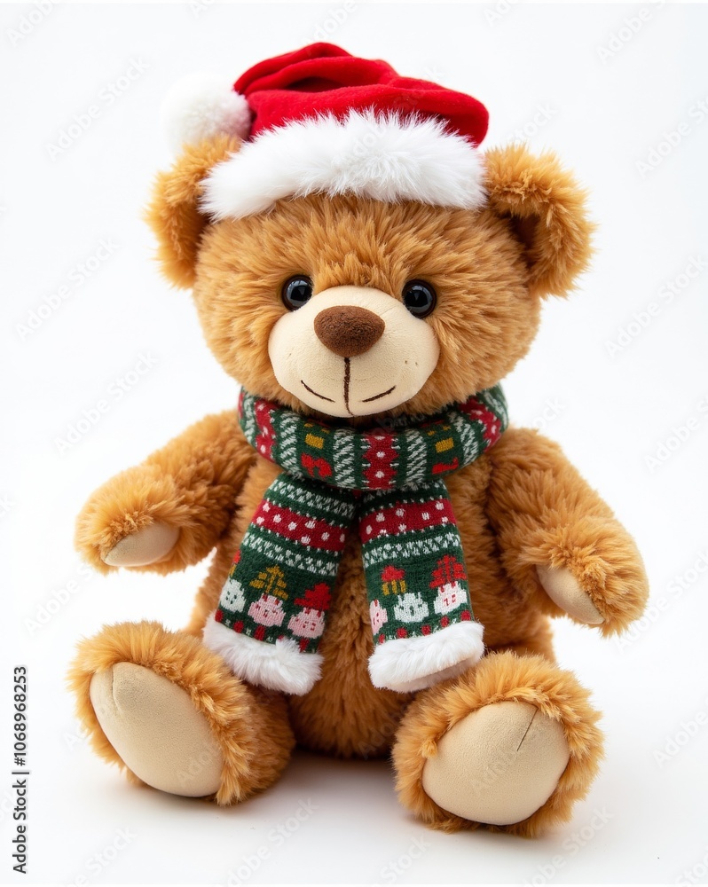 Cute teddy bear wearing a red Santa hat and a colorful, holiday-themed scarf, bringing warmth and joy to the festive season. Cute teddy bear wearing a red Santa hat and a colorful, holiday-themed scarf, bringing warmth and joy to the festive season.