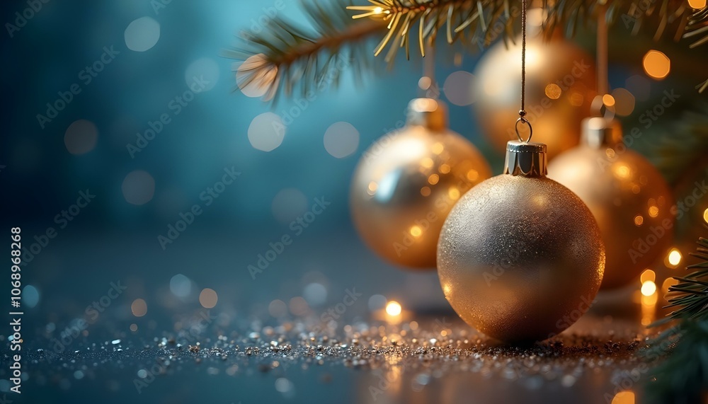 Sparkling Gold Christmas Ornaments on Dark Background Sparkling Gold Christmas Ornaments on Dark Background