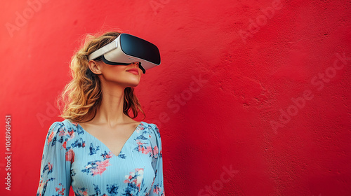 Woman wearing VR headset looking at side on red background