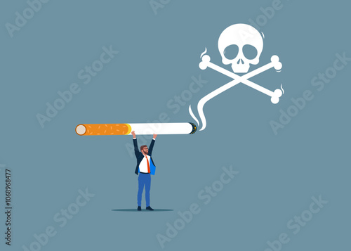 Tiny businessman with cigarette with smoke forming skull and crossbones. Smoking kills. Flat vector illustration