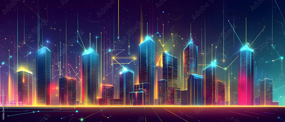 Neon glowing cityscape with futuristic buildings and connected lines. Neon glowing cityscape with futuristic buildings and connected lines.