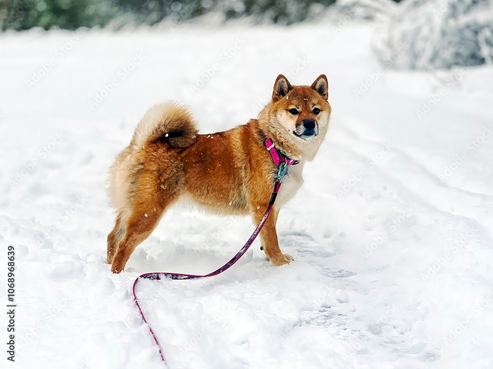 Adorable red Shiba Inu dog joyfully playing in the snow in a bright winter yard. High-quality, pet-friendly image perfect for seasonal, outdoor, or lifestyle projects. Copy space. Adorable red Shiba Inu dog joyfully playing in the snow in a bright winter yard. High-quality, pet-friendly image perfect for seasonal, outdoor, or lifestyle projects. Copy space.