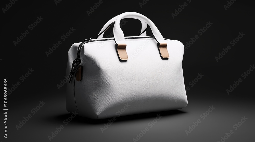 White leather handbag with brown accents and black zipper against a dark background in a studio setting White leather handbag with brown accents and black zipper against a dark background in a studio setting