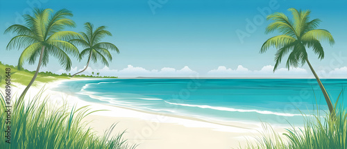 Palm trees and lush grass grow along a pristine white sand beach with blue ocean waves in the background.