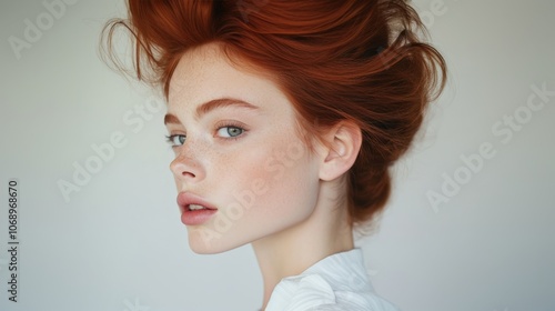 Portrait of young woman with natural red hair and clear skin for fashion and lifestyle editorial photography