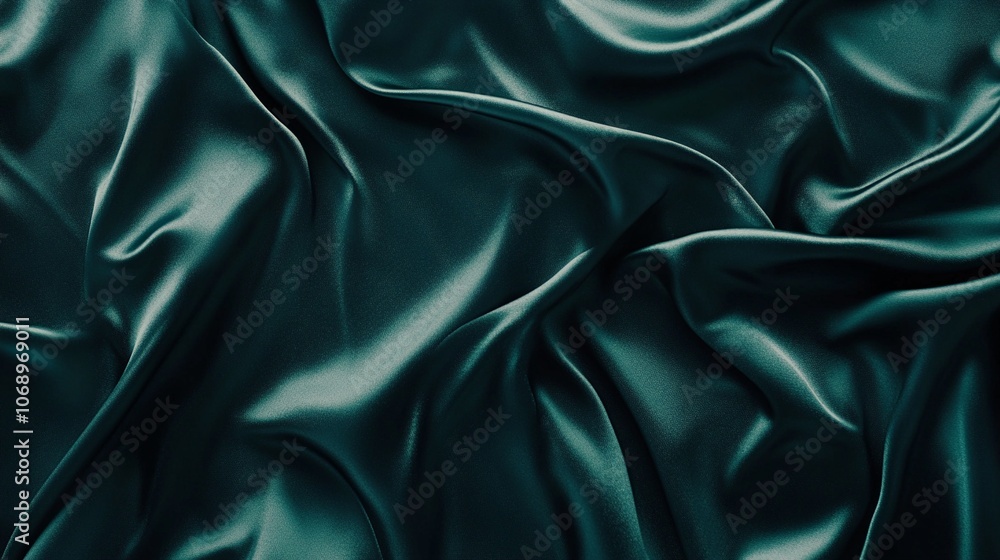 Luxurious deep teal satin fabric drapes in elegant folds, creating a mesmerizing play of light and shadow across its smooth, glossy surface. Luxurious deep teal satin fabric drapes in elegant folds, creating a mesmerizing play of light and shadow across its smooth, glossy surface.
