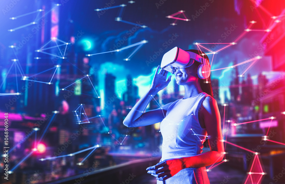 Female standing in cyberpunk style building in VRX wear VR headset connecting metaverse, future cyberspace community technology, Woman raise right hand holding goggles looking faraway. Hallucination. Female standing in cyberpunk style building in VRX wear VR headset connecting metaverse, future cyberspace community technology, Woman raise right hand holding goggles looking faraway. Hallucination.