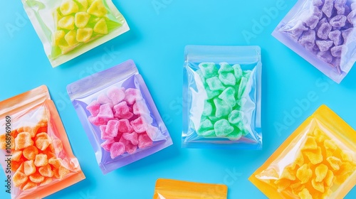 Variety of colorful freeze-dried gummy candies in sealed pouches for candy packaging design and retail branding