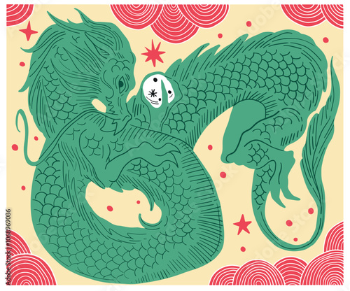 hand drawn japanese vector dragon in green, yellow and red	