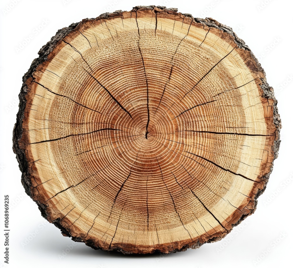 Fototapeta premium Large circular piece of wood cross section with tree ring texture pattern and cracks. Detailed organic surface from nature. , isolated on white background, , copy space for text,