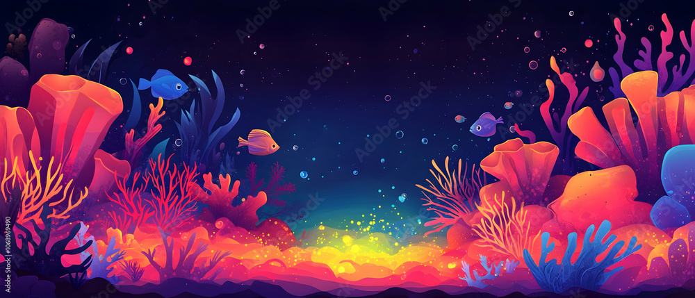 Vibrant underwater scene with coral, fish, and a glowing light in the distance. Vibrant underwater scene with coral, fish, and a glowing light in the distance.