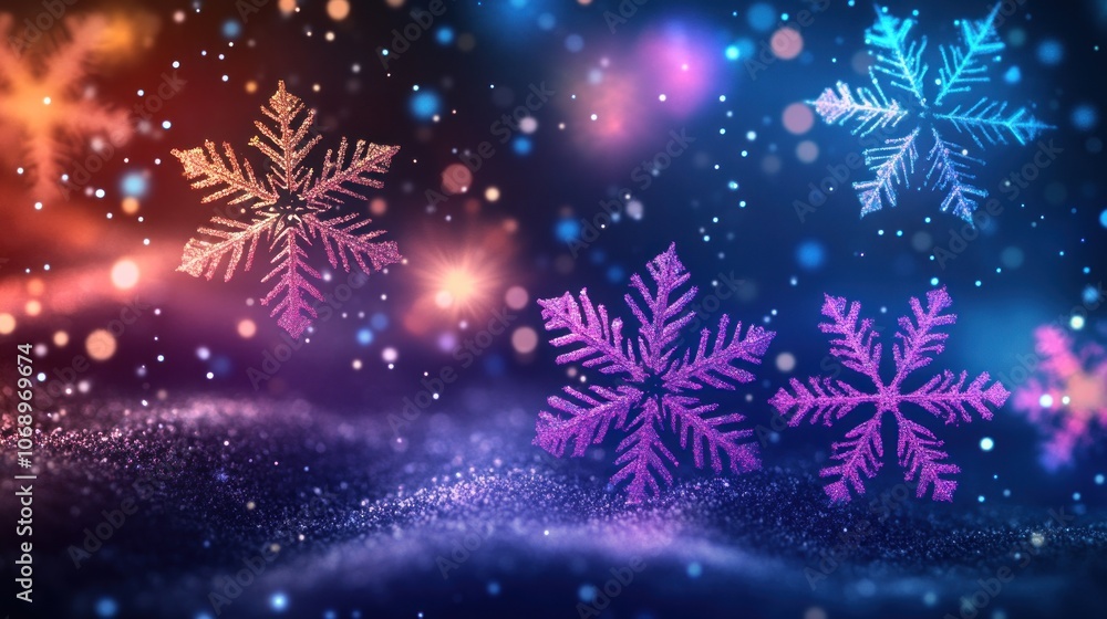 A festive background with snowflakes, glitter, and bokeh lights in blue, purple, and orange tones. A festive background with snowflakes, glitter, and bokeh lights in blue, purple, and orange tones.