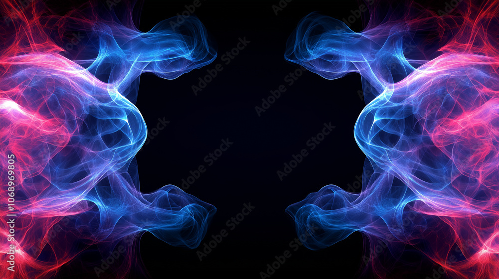 Neon pink and blue swirling smoke frame on black background. Border, postcard, banner, card. Empty copy space for design. Neon pink and blue swirling smoke frame on black background. Border, postcard, banner, card. Empty copy space for design.