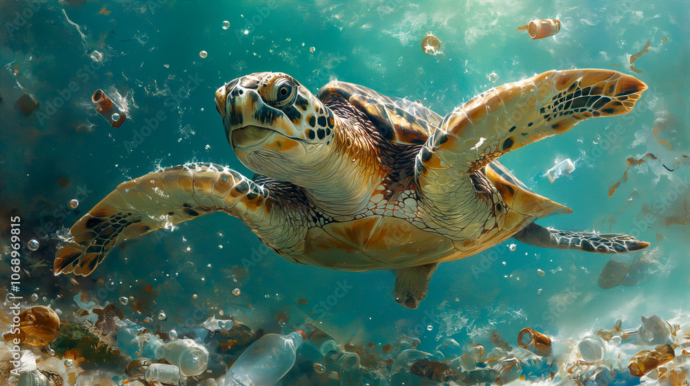 Obraz premium Sea turtle swims through polluted waters filled with plastic debris. Generative AI