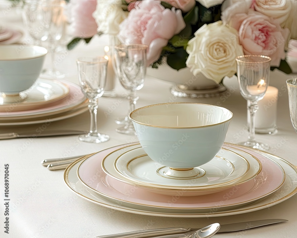 A table with a pink and white tablecloth and a pink and white dinner set A table with a pink and white tablecloth and a pink and white dinner set