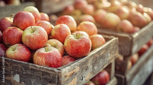 ripe red apples in wooden boxes close-up