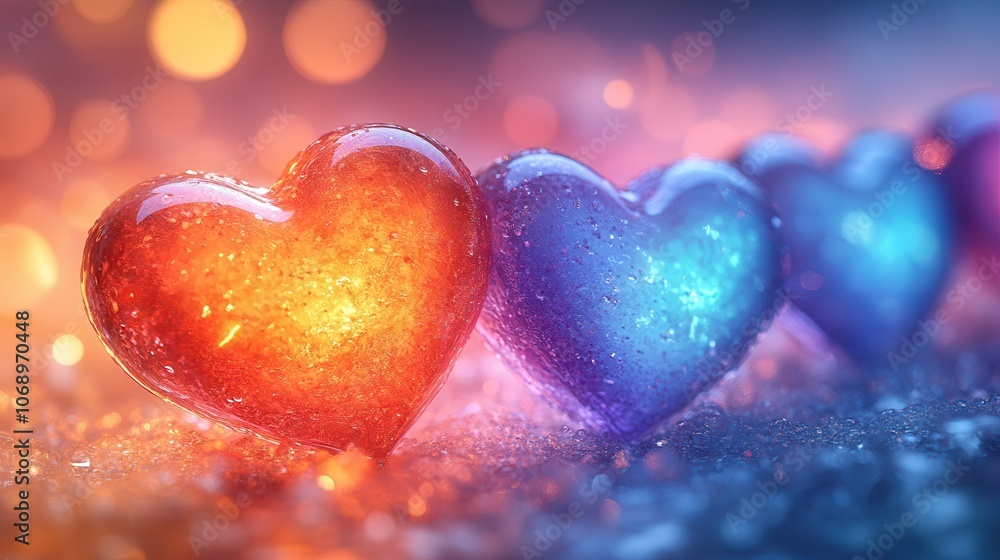 Obraz premium Colorful Glass Hearts with Bokeh Background