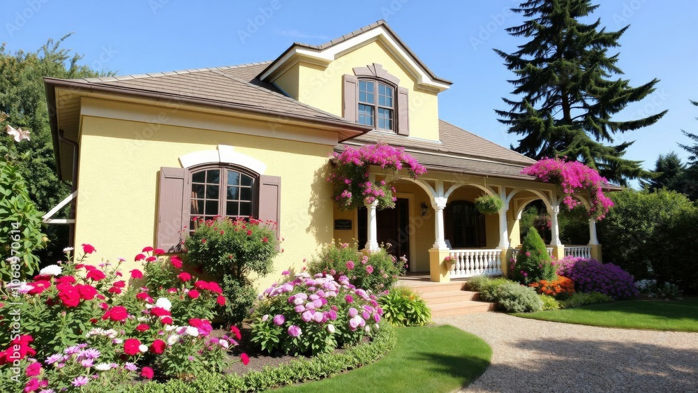 Fototapeta premium Charming Yellow Cottage with Beautiful Garden and Pink Flowers, Perfect for Home Decor or Real Estate Advertising