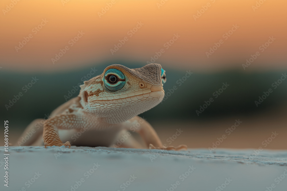 Close-up of a lizard against a colorful sunset in a natural habitat Close-up of a lizard against a colorful sunset in a natural habitat