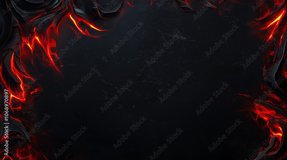 Fototapeta premium Fiery lava texture frame on dark background. Border, postcard, banner, card. Empty copy space for design.