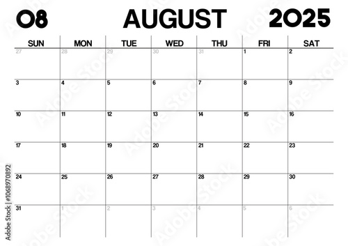 Printable Monthly Calendar Template for August 2025. Minimalist Style Calendar in Landscape Format. Week Starts on Sunday. Calendar Planner for 2025 year.