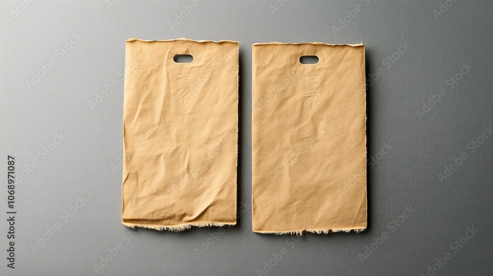 Two brown paper bags with punched handles placed side by side on a gray textured background, showing visible creases and frayed edges. Two brown paper bags with punched handles placed side by side on a gray textured background, showing visible creases and frayed edges.