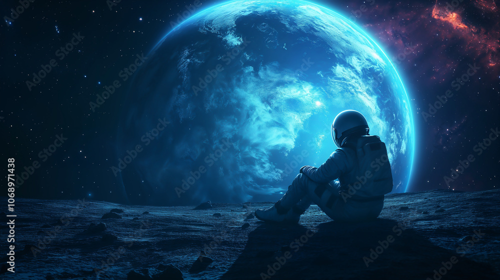 Astronaut sitting on the Moon, gazing at distant Earth with a sense of loneliness, nostalgia, sadness and quiet contemplation in the vastness of space Astronaut sitting on the Moon, gazing at distant Earth with a sense of loneliness, nostalgia, sadness and quiet contemplation in the vastness of space