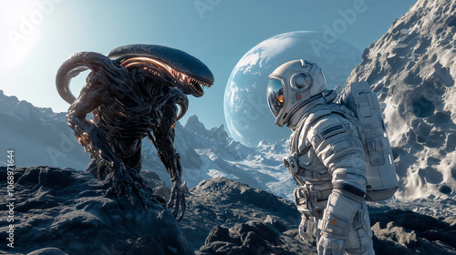 A spacesuited astronaut encounters a menacing alien creature on a harsh alien landscape or the surface of the Moon, with Earth or another planet in the background.