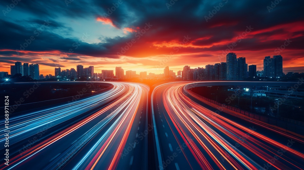 A dramatic long exposure of a highway leading into a city at sunset, with the headlights and taillights of moving cars creating streaks of light. A dramatic long exposure of a highway leading into a city at sunset, with the headlights and taillights of moving cars creating streaks of light.