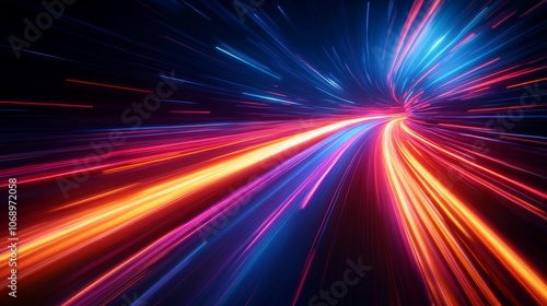 Abstract futuristic tunnel with vibrant neon light streaks in red, blue, and orange.