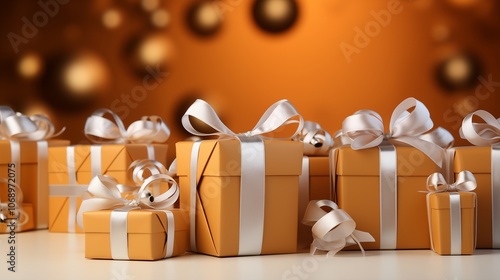 Colorful Christmas gift boxes with festive tape, bringing holiday joy with a vibrant orange background. photo