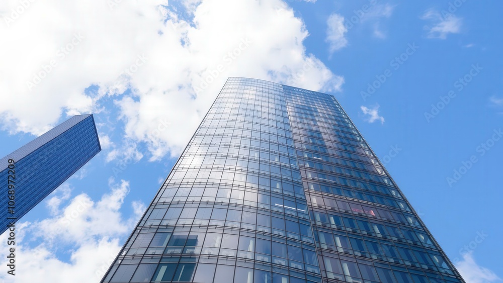 Towering Skyscraper Against Blue Sky: Modern Architecture for Office Spaces and Corporate Headquarters Towering Skyscraper Against Blue Sky: Modern Architecture for Office Spaces and Corporate Headquarters