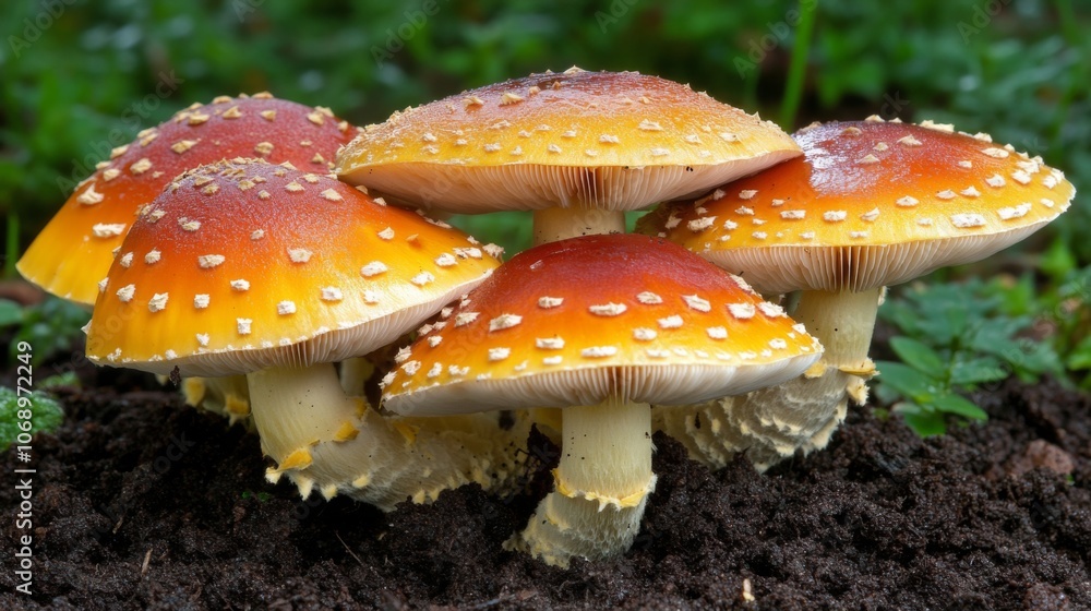 Vibrant Cluster of Red and Yellow Mushrooms Vibrant Cluster of Red and Yellow Mushrooms