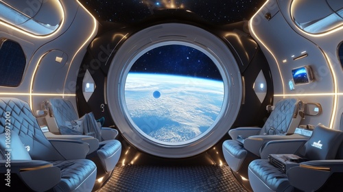 Futuristic spacecraft interior with a view of Earth.