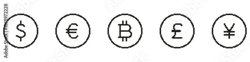 Pixel Art Dollar, Euro, and Bitcoin Icons Line Set. Retro Style Pixelated Currency Outline Symbols Collection. Isolated Vector Illustration