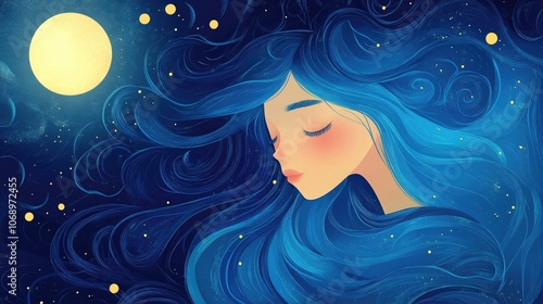 A woman with long, flowing blue hair is seen against a background of a starry night. The image is dreamy and evocative.