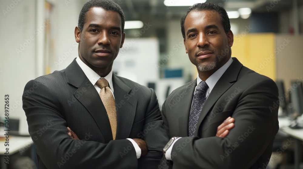 Two professional men in suits posing confidently in an office environment. Two professional men in suits posing confidently in an office environment.