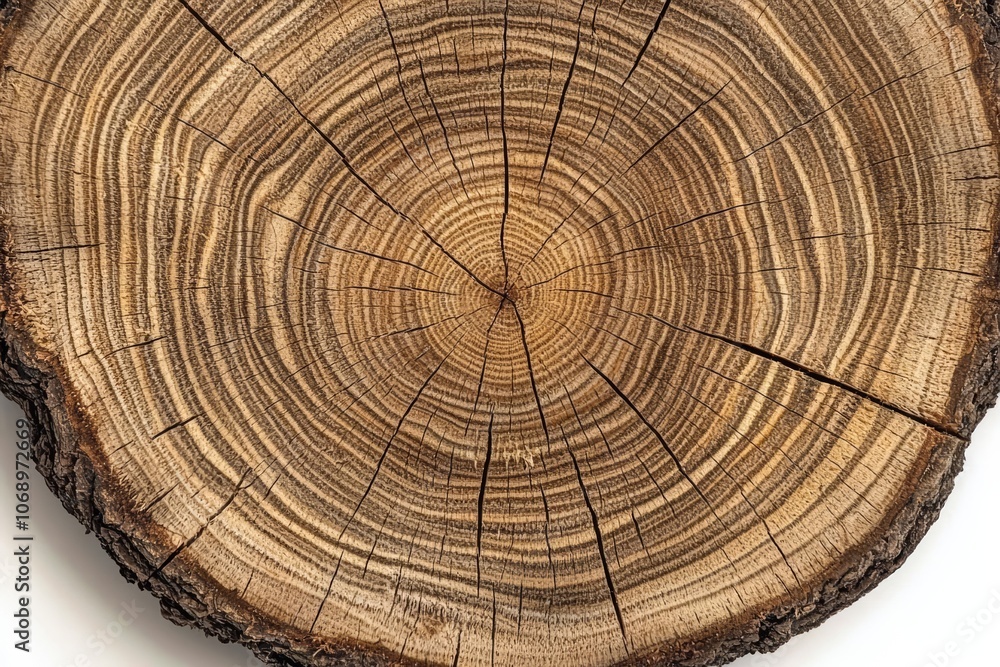Naklejka premium Wooden texture from cut tree trunk of maple tree, closeup. Cross section of a tree trunk. Top view , isolated on white background, , copy space for text,
