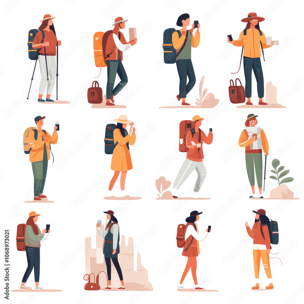 Diverse Travelers and Hikers Vector Illustrations Set Diverse Travelers and Hikers Vector Illustrations Set