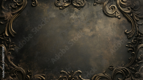 Antique baroque-style frame with intricate golden flourishes on a dark, textured background,  postcard, banner, card. Black background with ornate border. Copy space.