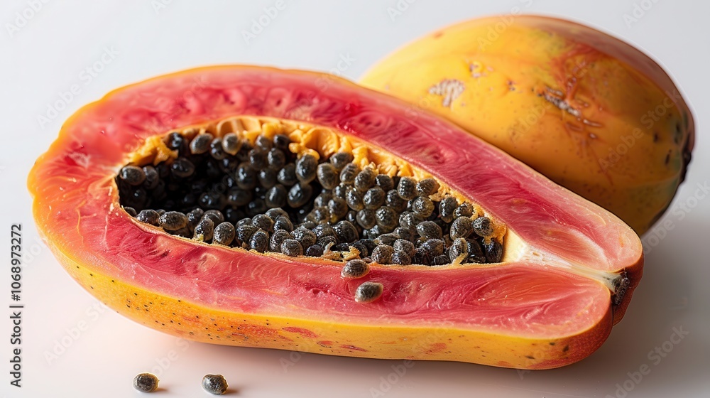 Fresh Papaya Slice with Seeds on White Background Fresh Papaya Slice with Seeds on White Background